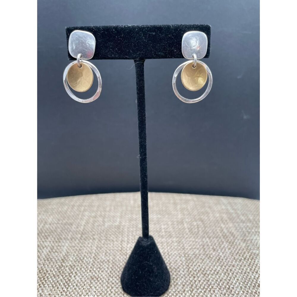 Marjorie Baer Post Earrings: Rounded Square with Ring and Dished Disc Stamped